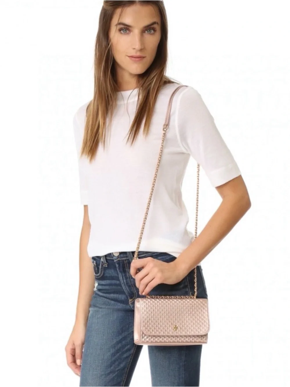 Tory Burch Metallic Quilted Crossbody Bag - Rose Gold